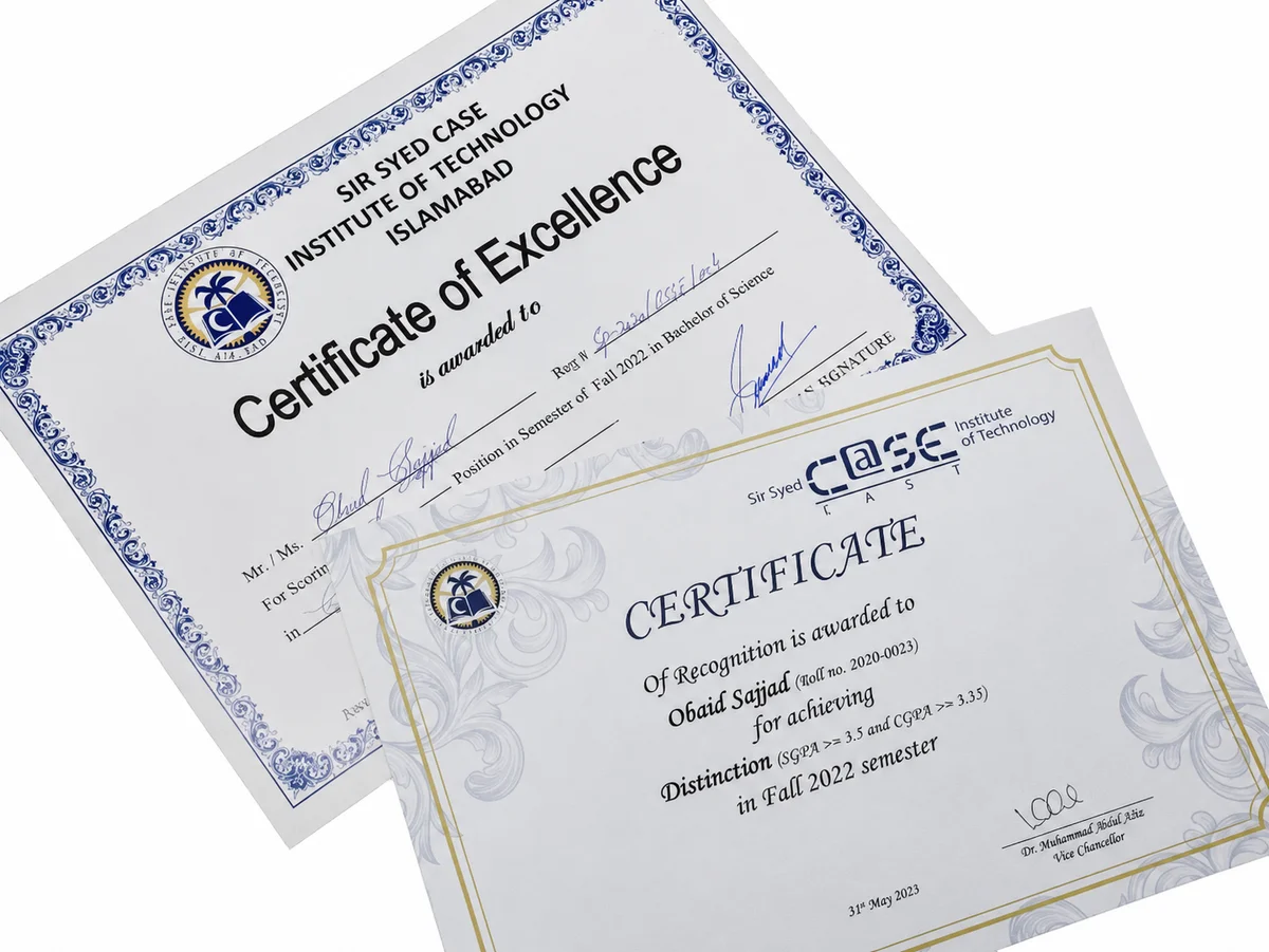 Certificate of Excellence, High CGPA